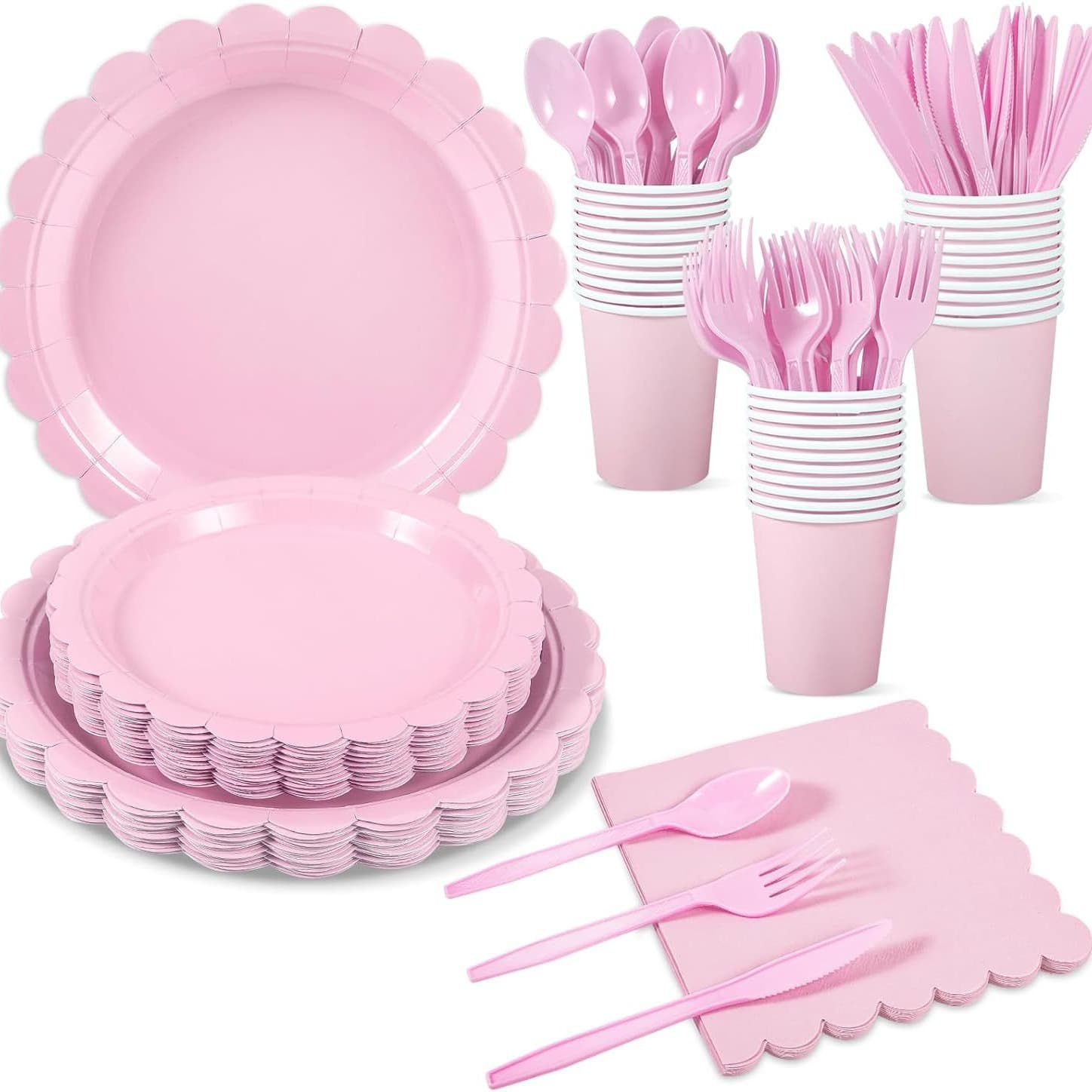 Pink Lace Party Tableware Set Girls Birthday Solid Color Decoration Disposable Paper Cups Paper Plates Paper Towel Supplies