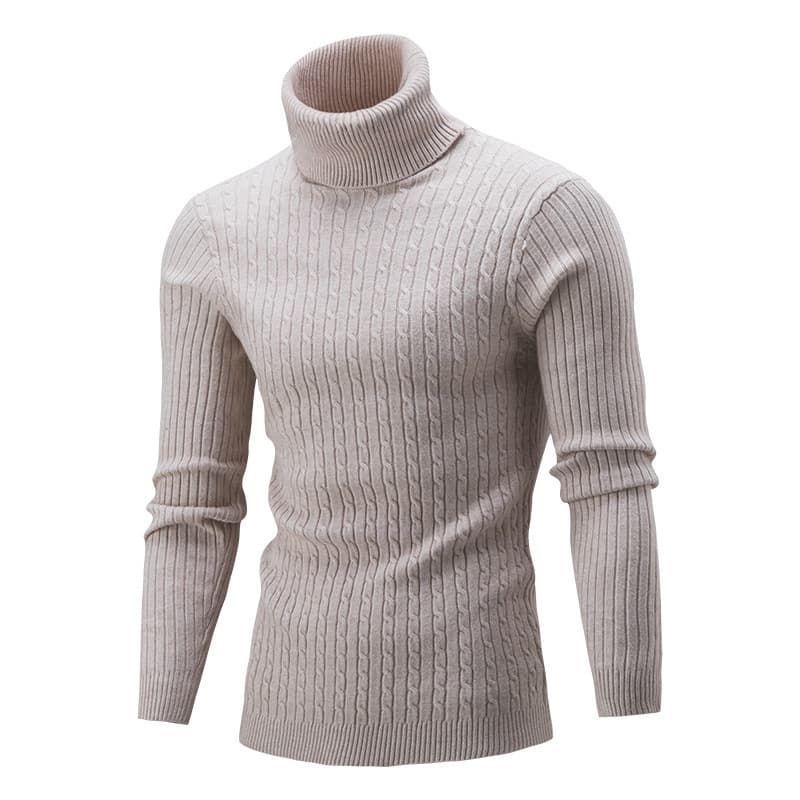 Pull en tricot pour homme, col montant, torsadé, couleur unie, décontracté, chaud, col roulé, hiver