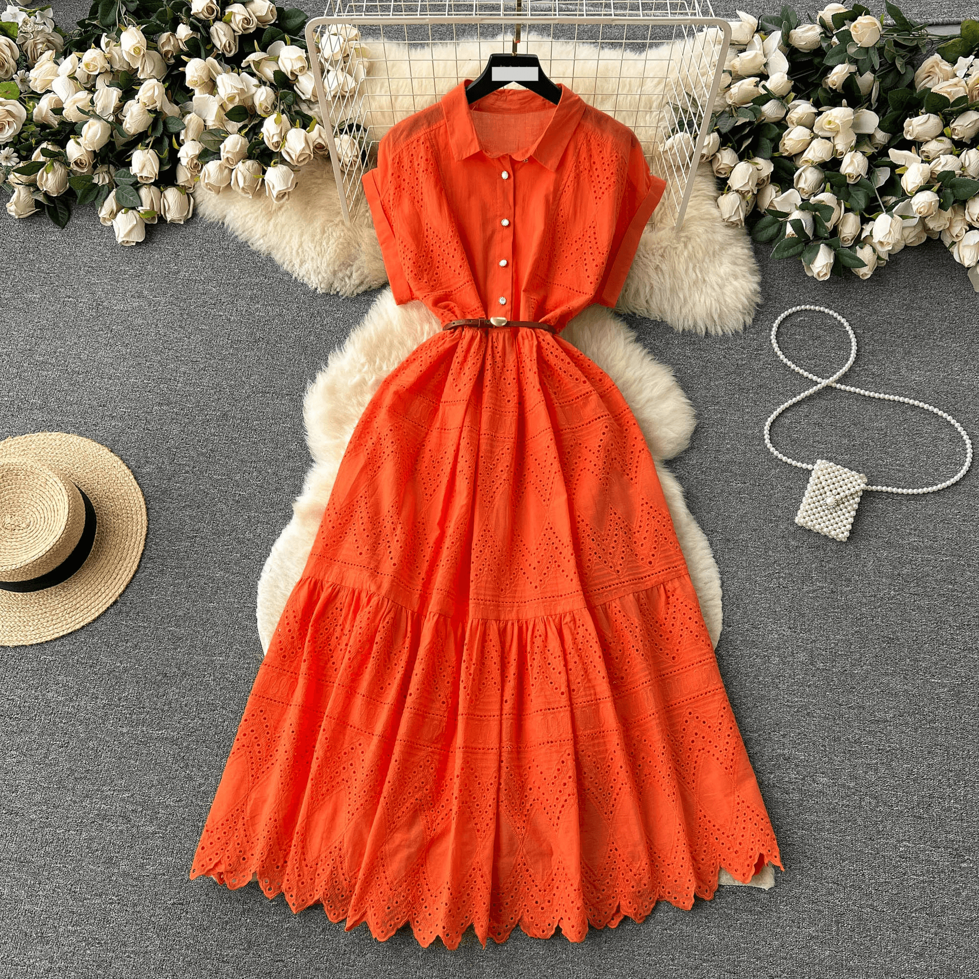 Women's Clothing Niche design buttoned loose lace-up long dress women's summer waist-cinching pleated shirt collar splicing long skirt