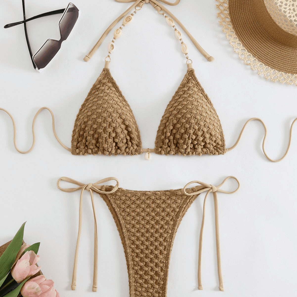 Women's Clothing solid color new split swimsuit bikini high end backless deep V pure desire style strap design three point style