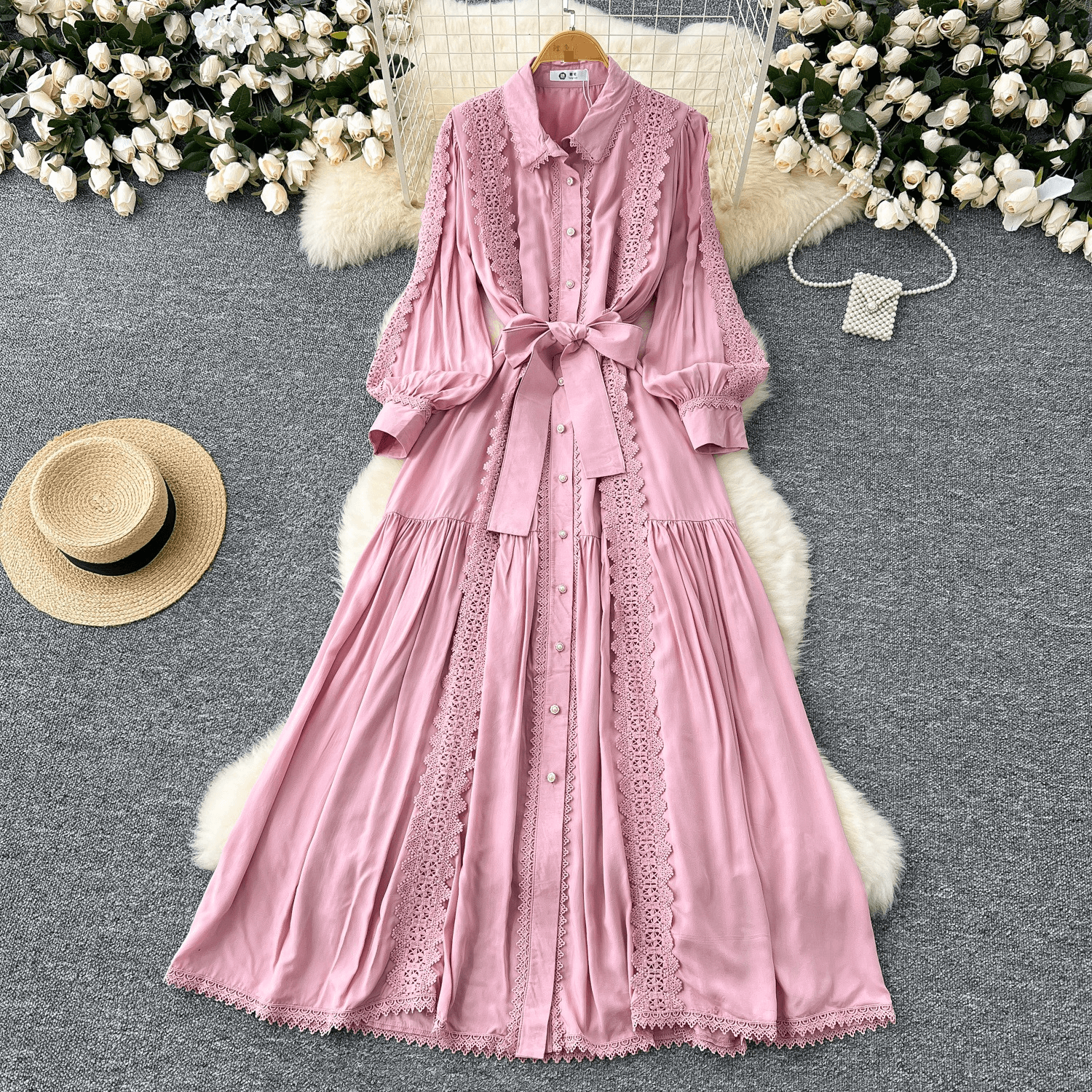 French Elegant Dress For Women Autumn High-end Lace Stitching Single-breasted Waist Knee-length Skirt