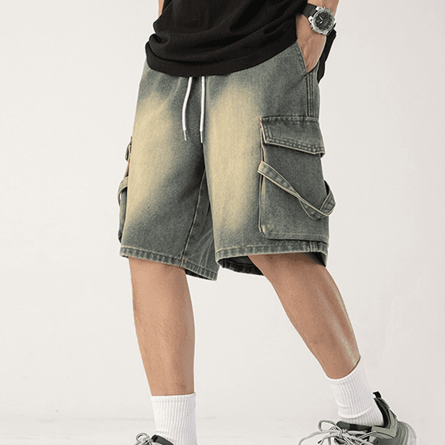 Men's Clothing Denim Shorts Personality Lanyard Loose Casual Loose Large Size Wide Leg Pants