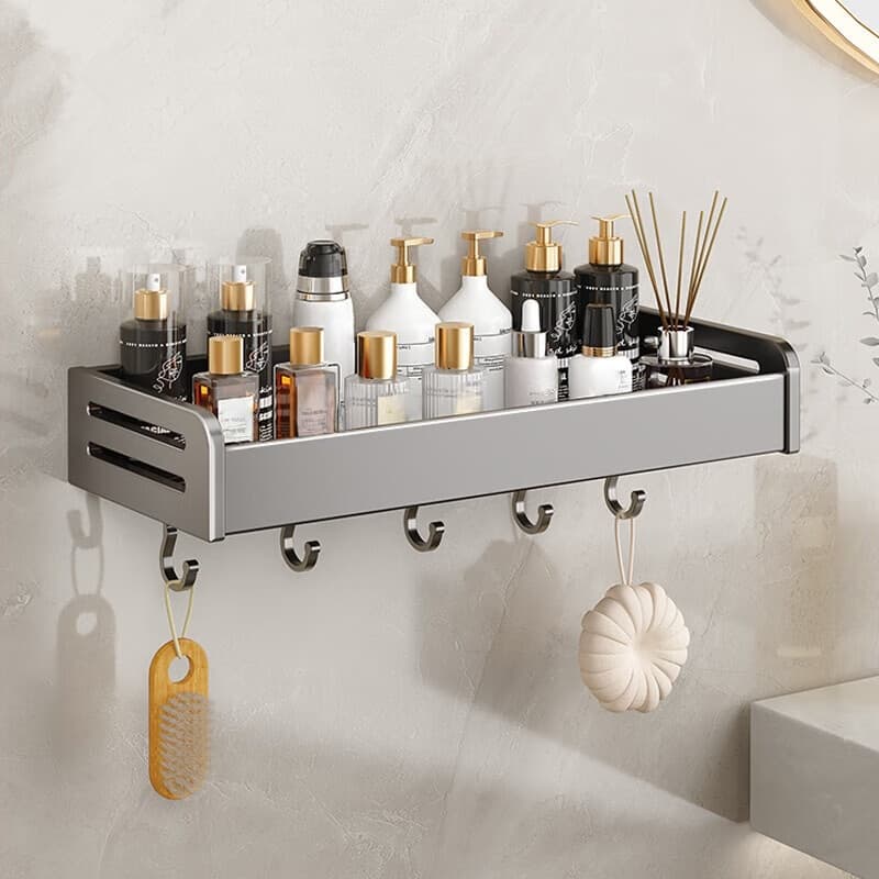 Aluminum Bathroom Shelf With Hooks - Wall Mounted Organizer For Towels, Toiletries & Cosmetics (Rustproof, Space-Saving, Multiple Sizes)
