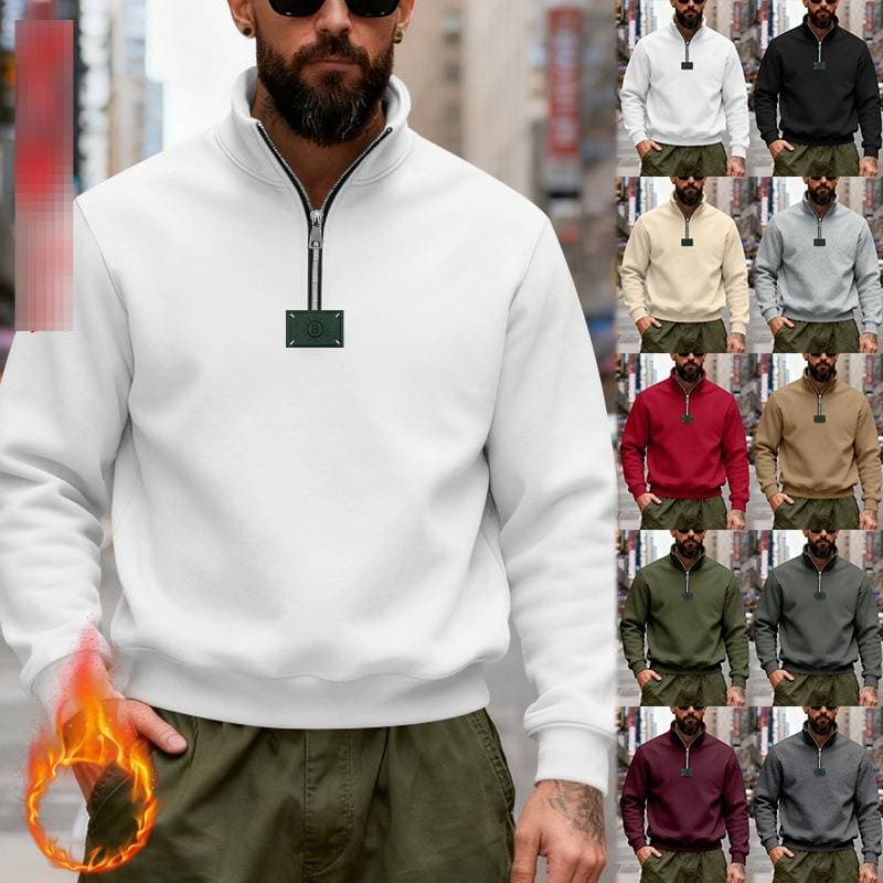 Men's Winter Fleece-Lined Stand Collar Half-Zip Casual Sweatshirt With Tafle Logo - Relaxed Fit Pullover Hoodie