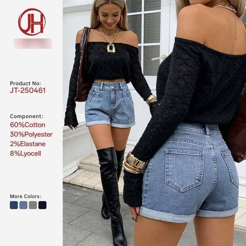 Women's High-Waisted Distressed Denim Shorts – Retro Raw Hem & Rolled Cuff (S-Xl, Light Blue, 90% Cotton)