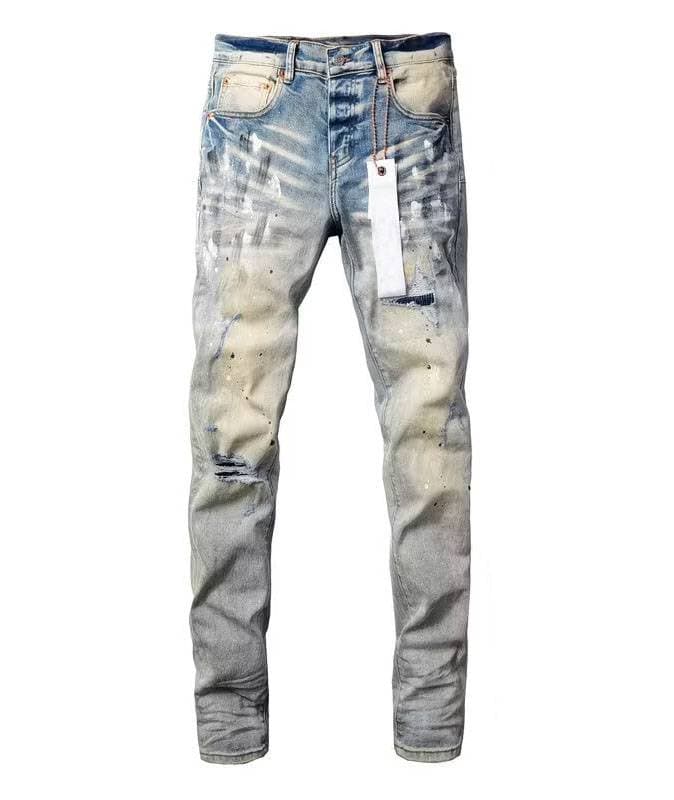 Jean violet déchiré style streetwear rétro en soie, de haute qualité et respirant, coupe ajustée, style streetwear.