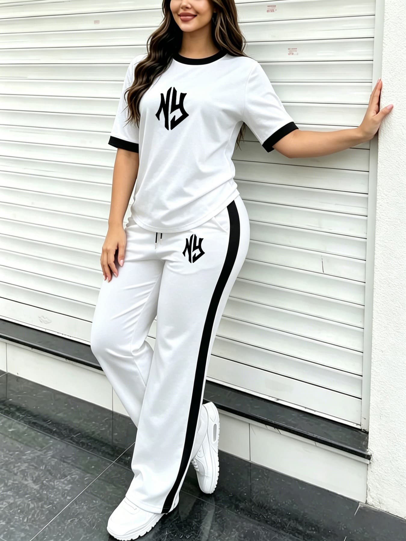 Women's Simple Sport 2-piece Set, Classic Print Colorblock Tee & Stretch Knit Side-stripe Drawstring Wide Leg Pants For Spring Summer Commute & Gym