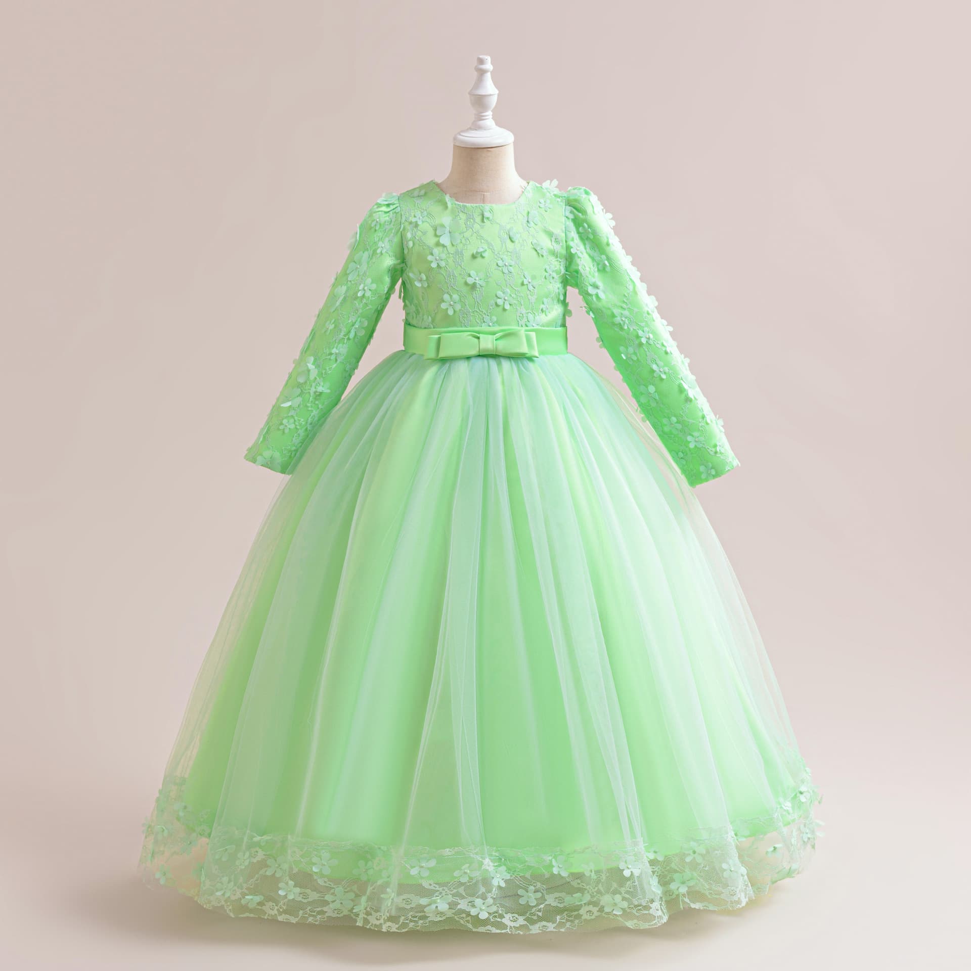Mother & Kids Children's Dress Princess Long Sleeved Applique Mesh Puffy Evening Children's Day Performance Dress