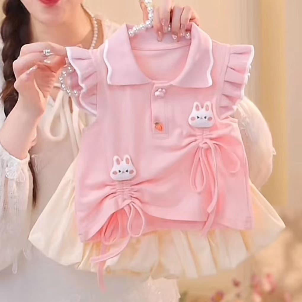 Mother & Kids 2024 new summer suit for girls, cute duck flying sleeve top for girls, two-piece suit for children