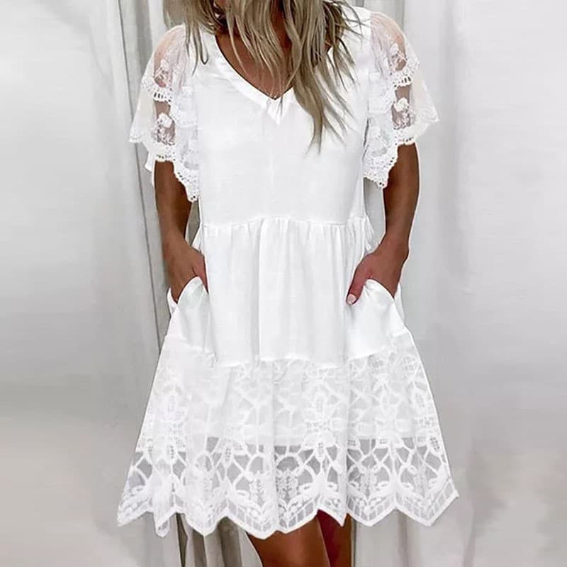 Women's Clothing V-Neck Lace Trim Short Sleeve Flowy Casual Dress