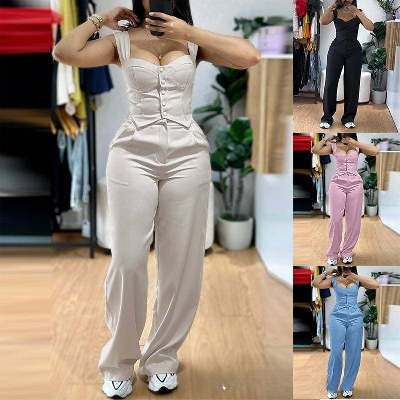 Women's Clothing Apricot Suspenders Short Tight Vest Suit High Waist Wide Leg Trousers Suit LZR19011