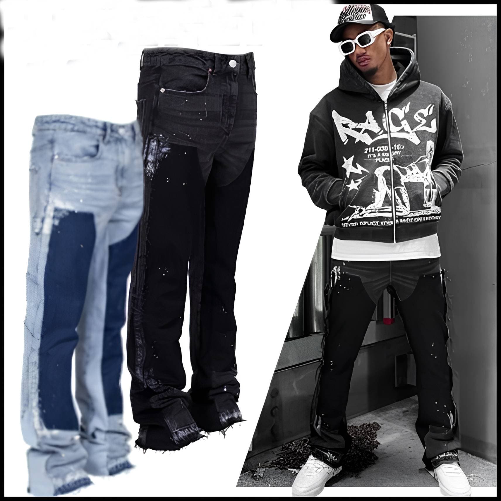Men's Clothing Men's Denim Overalls Fashion Ins Overalls Hot Style Elastic Patch Denim Layered Flared Pants