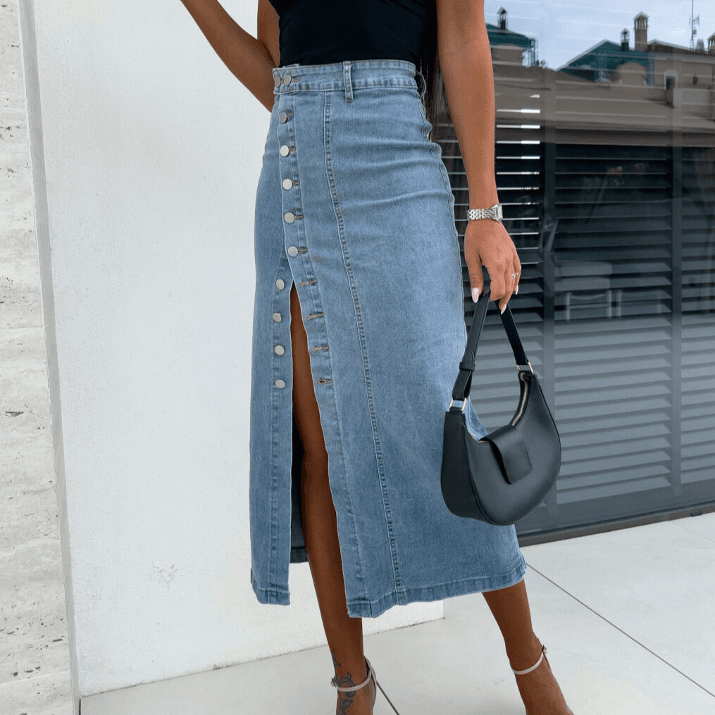 Women's Clothing Button Irregular Slit Half Length Denim Skirt High Waist Sexy Slim Hip Skirt Spot