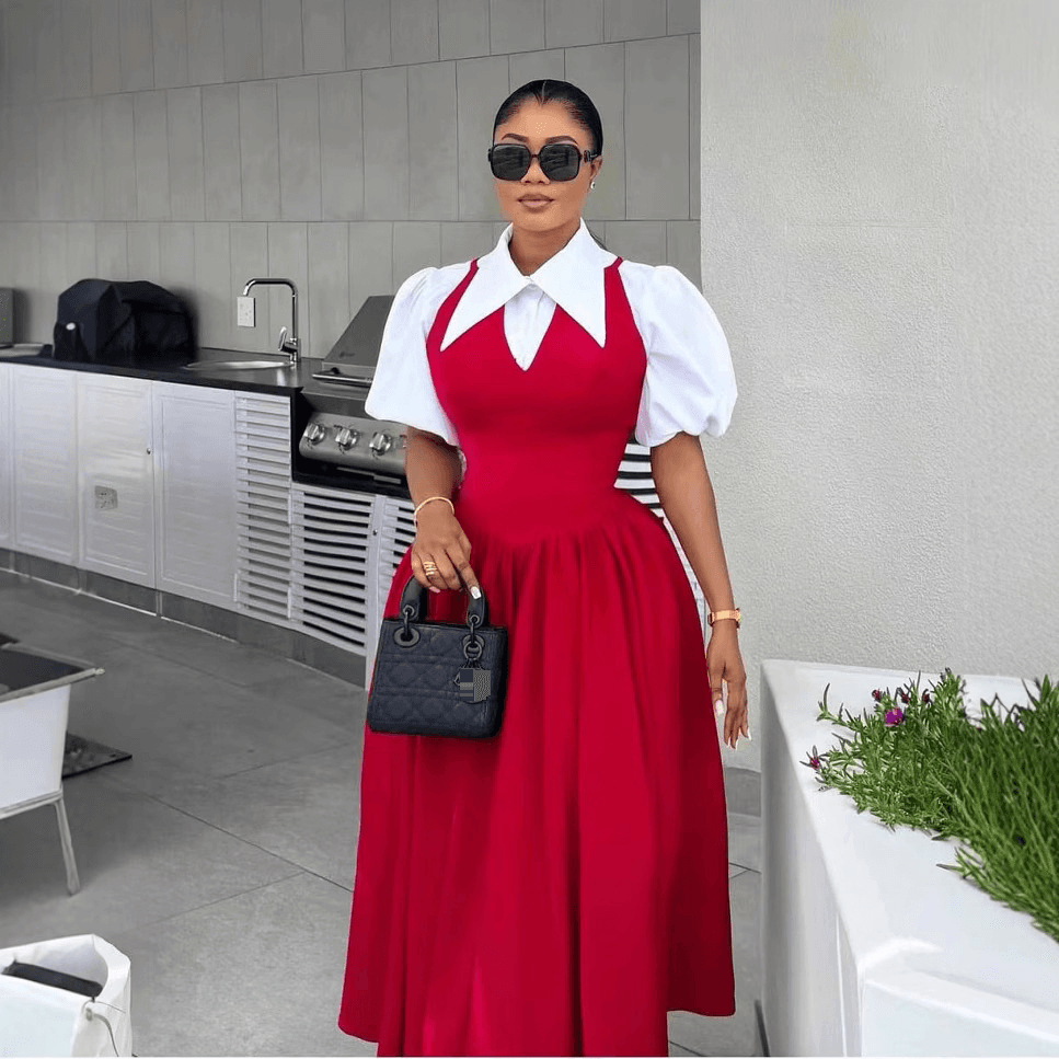 Women's Elegant Lapel Puff Sleeve Shirt & Waist Slim Dress Two Piece Suit - European & American Style Office Wear​