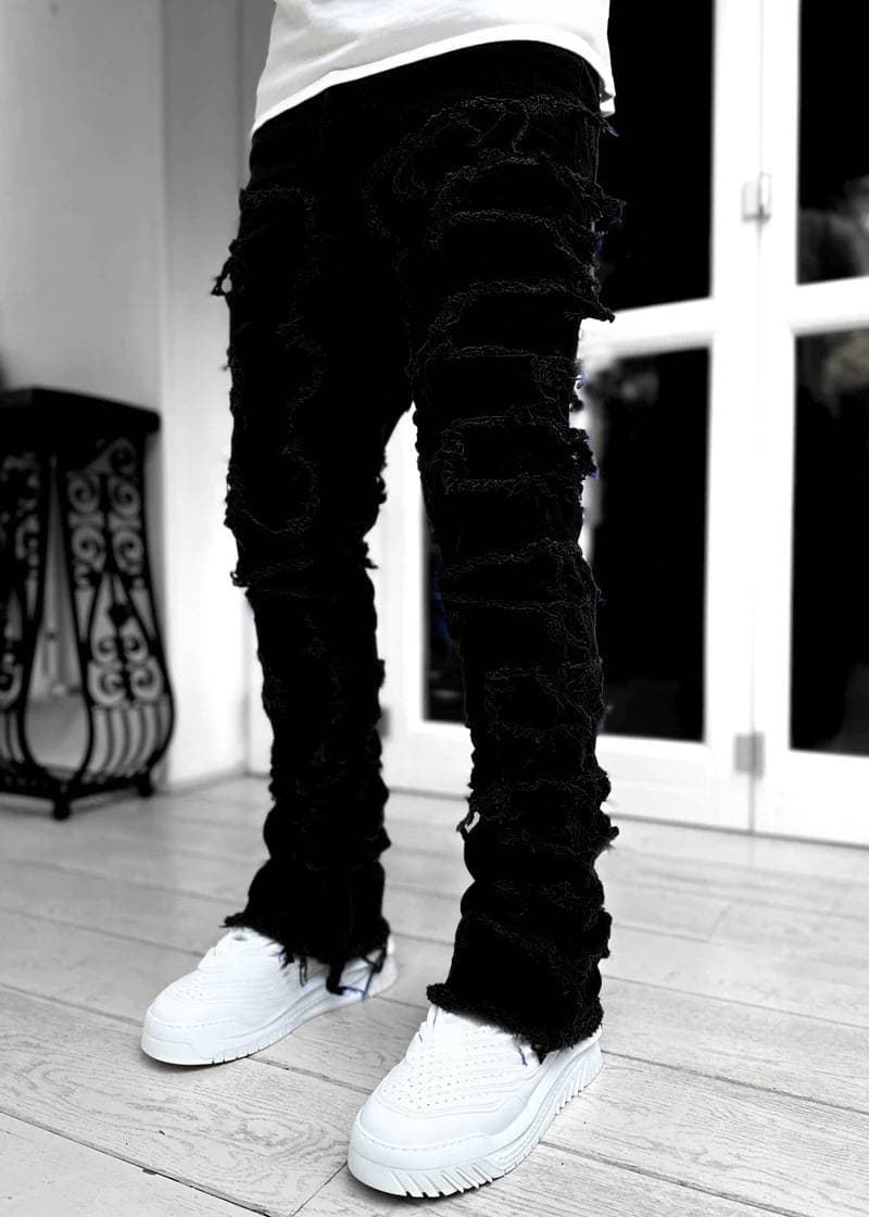 Men's Clothing Yourbrand] Men's Patchwork Slim Bootcut Jeans | Multi-color Appliqué | High Street Fashion | Stretch Denim