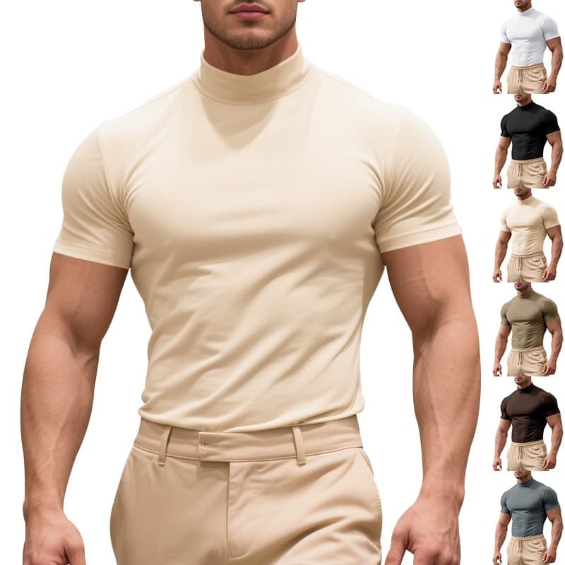 Men's High Neck Short Sleeve T-Shirt Summer Fashion Casual Tight Fit Solid Color Base Layer Thin Shirt