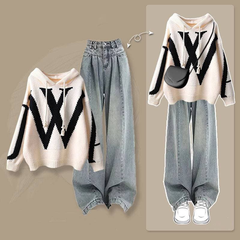 Women's Clothing Large Size Autumn And Winter Suits Loose Slim Salt Line Hooded Sweater With Jeans Two Piece Suit