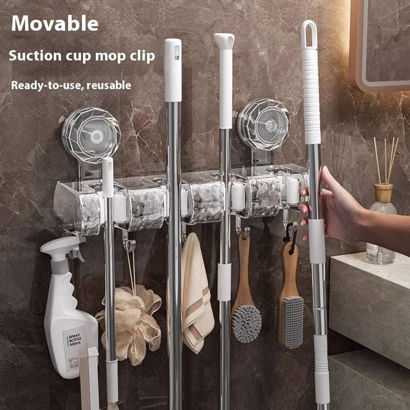 Heavy Duty Suction Cup Broom Holder - Wall Mount Storage Organizer For Mop, Broom & Cleaning Tools, Strong Adhesive Hooks For Bathroom & Kitchen