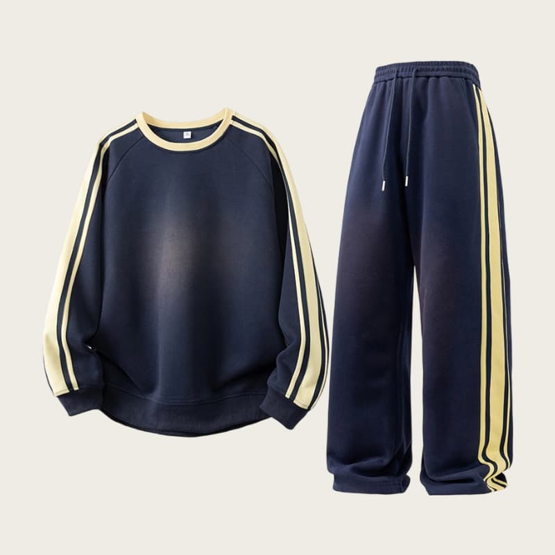 Retro Style Sweatshirt & Jogger Set - Classic 3-Stripe Color Block Pullover With Matching Athletic Pants For Men, Casual Loungewear & Streetwear