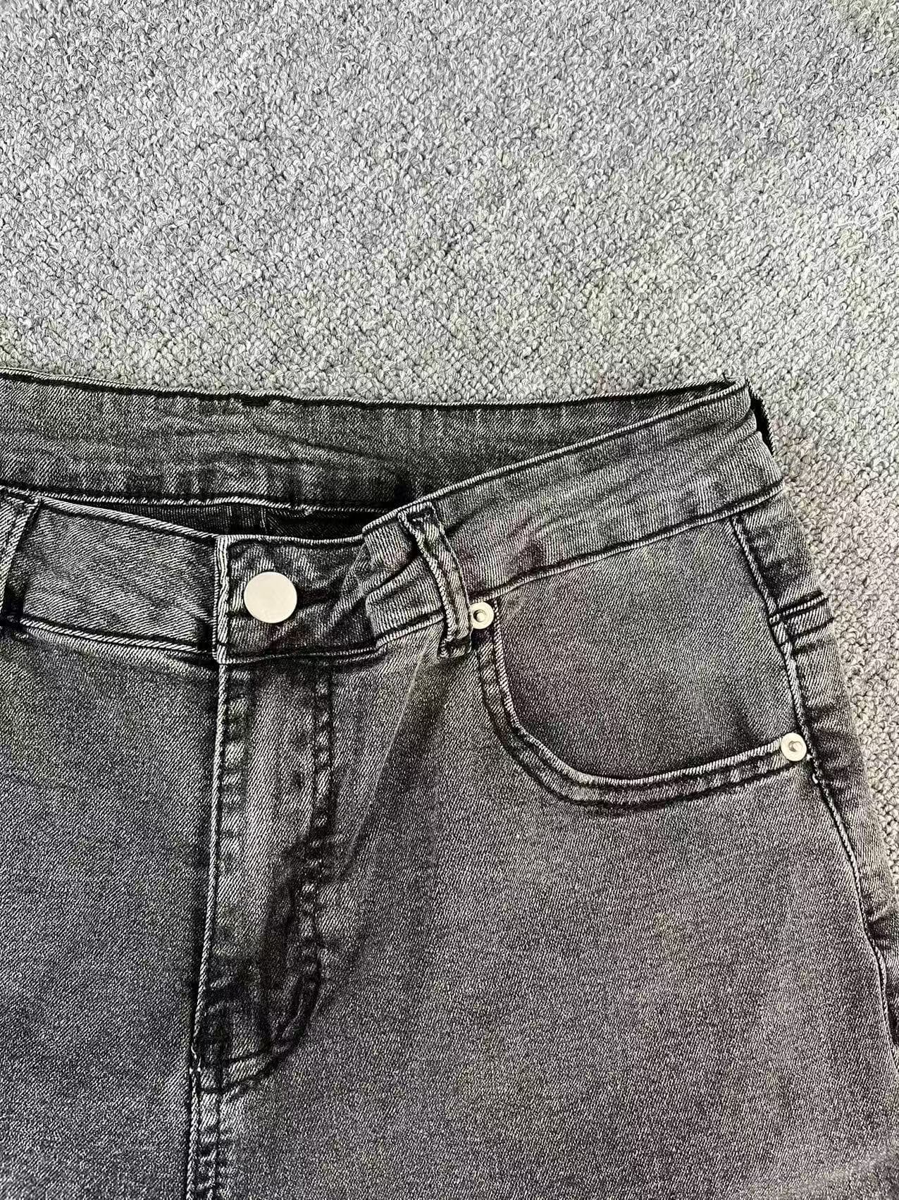 Men's US Map Fringe Hem Jeans - Straight Cut Denim Pants With Embroidered Coordinates & Distressed Details