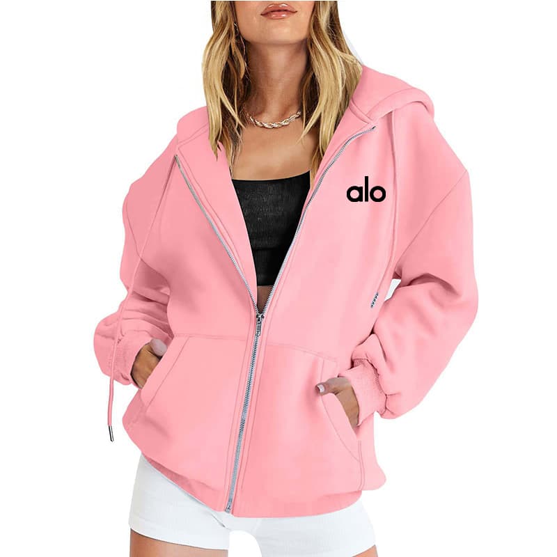 Sweat à capuche ample et zippé pour femme, logo brodé, manches longues, style décontracté et sportif