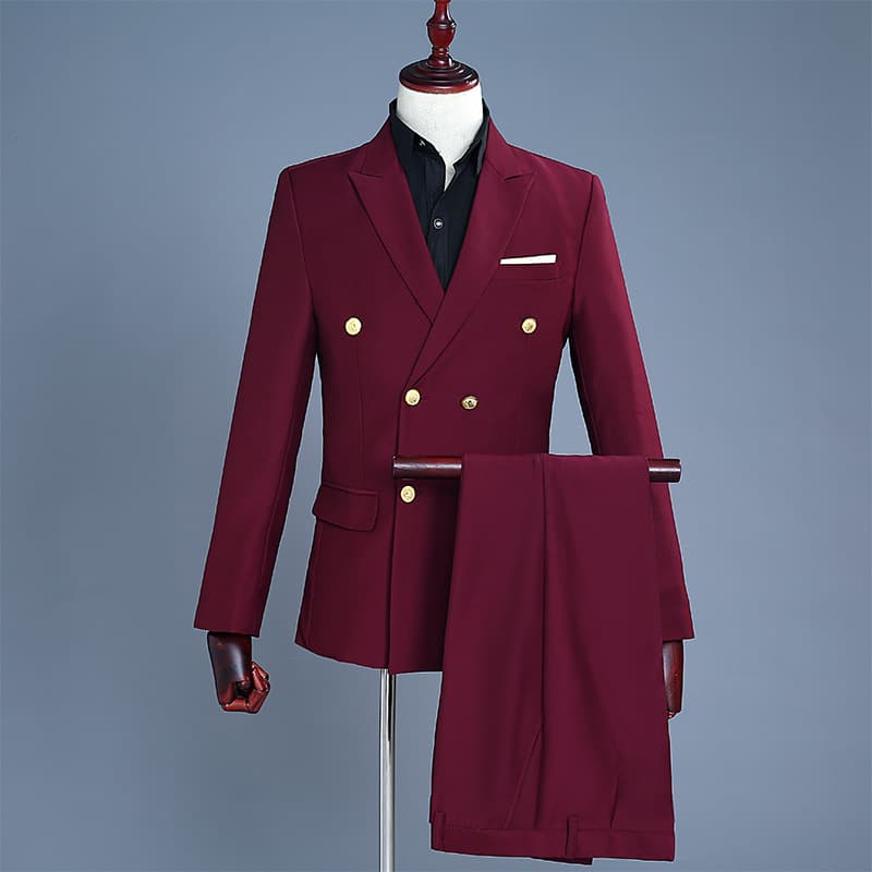 CT Men's Formal Set Burgundy Double Row Gold Buttons Suit Party Performance Host Singer Annual Meeting Costume Studio