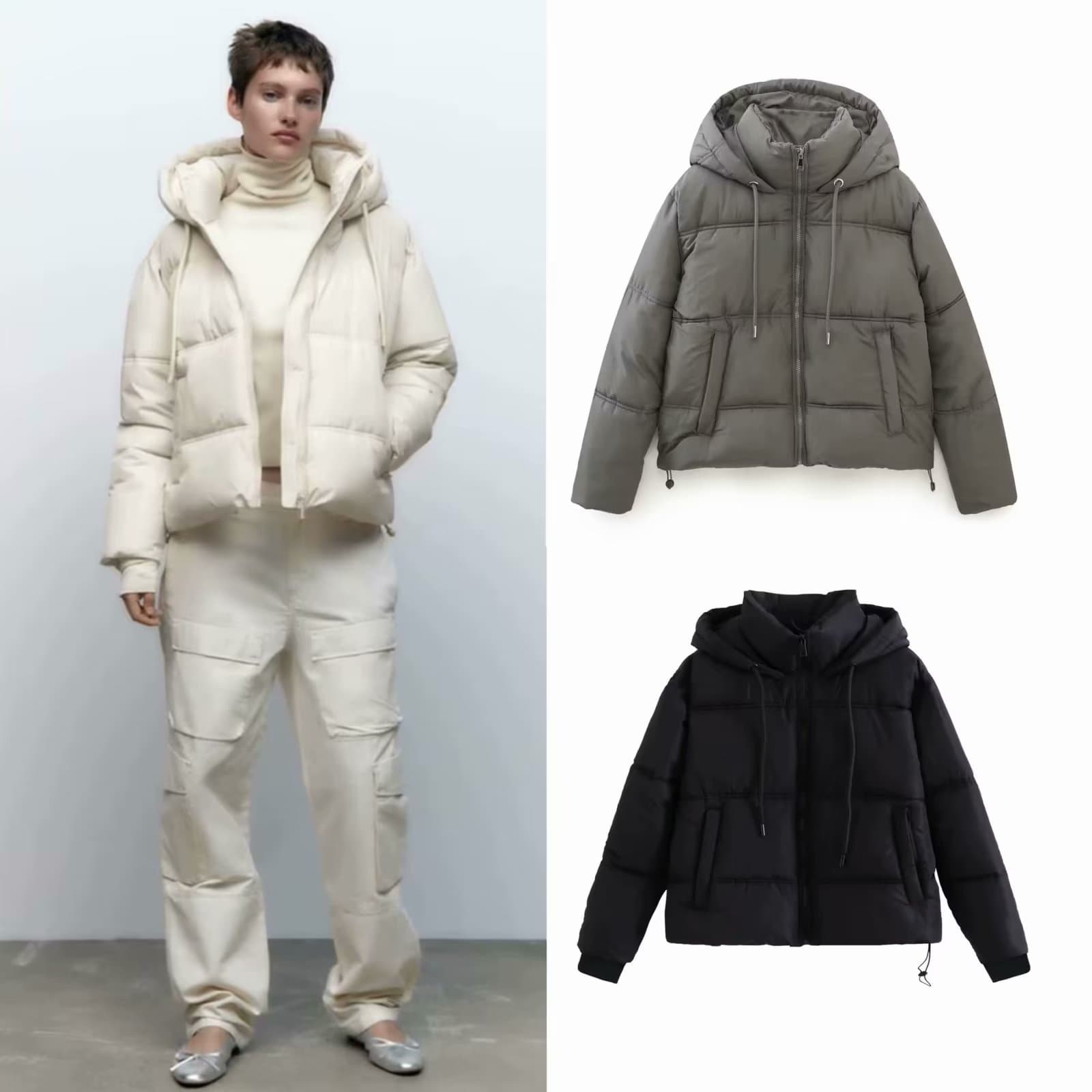 Oversized Puffer Jacket – Streetwear Hooded Coat With Organic Cotton Shell (Black/White/Gray, Sizes XS-L)​