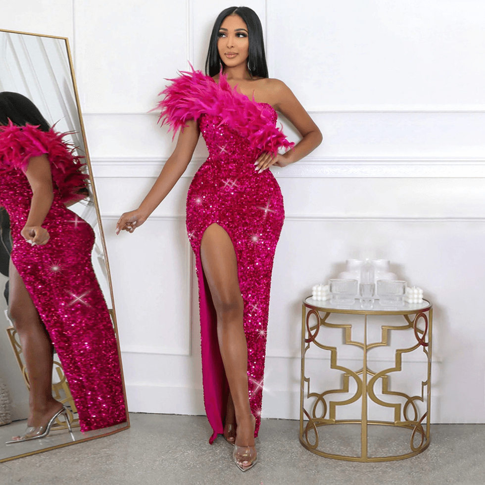 Women's Clothing Sexy Fashion Feather Oblique Collar Banquet Dress Skirt Sequin Slit Long Skirt