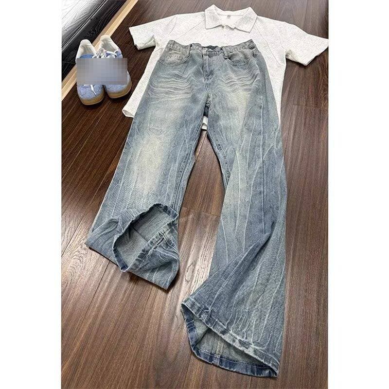 Men's Light Blue Style Jeans - Relaxed Straight Leg Baggy Pants With Vintage Wash For Casual Streetwear​​