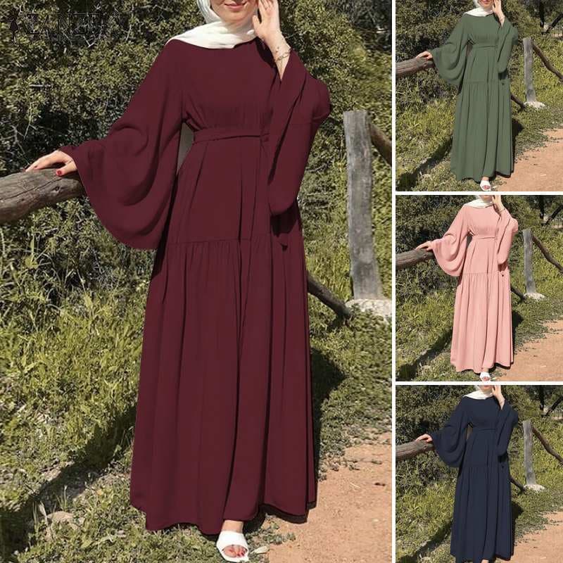Women's Clothing O Neck Long Sleeve Muslim Women Spring Solid Color Dress Elegant Casual Kaftan Holiday Robe