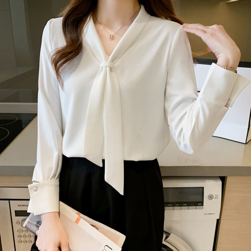 Elegant V-Neck Chiffon Blouse | Flowy Long Sleeve Shirt For Women (Solid Colors, Lightweight & Breathable)