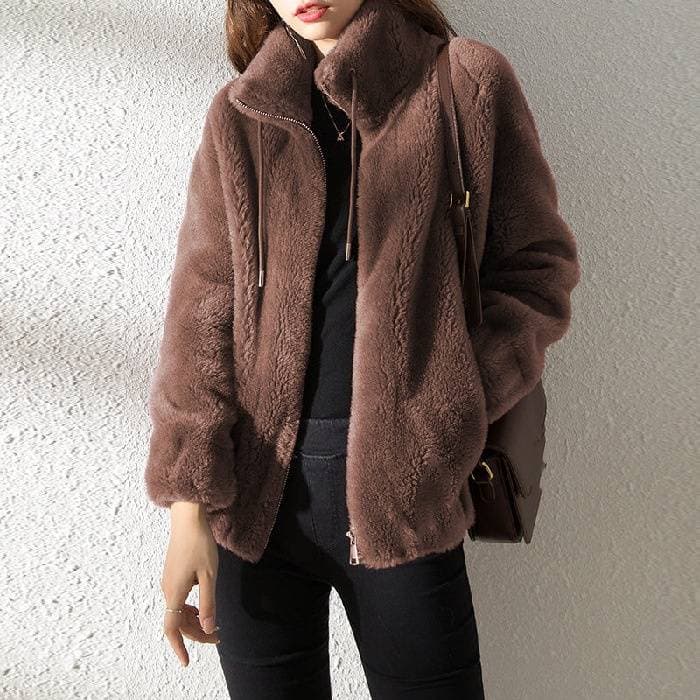 Women's Clothing thickened double sided coral fleece, stand up collar, warm sweater, temperament cardigan, zippered fleece top