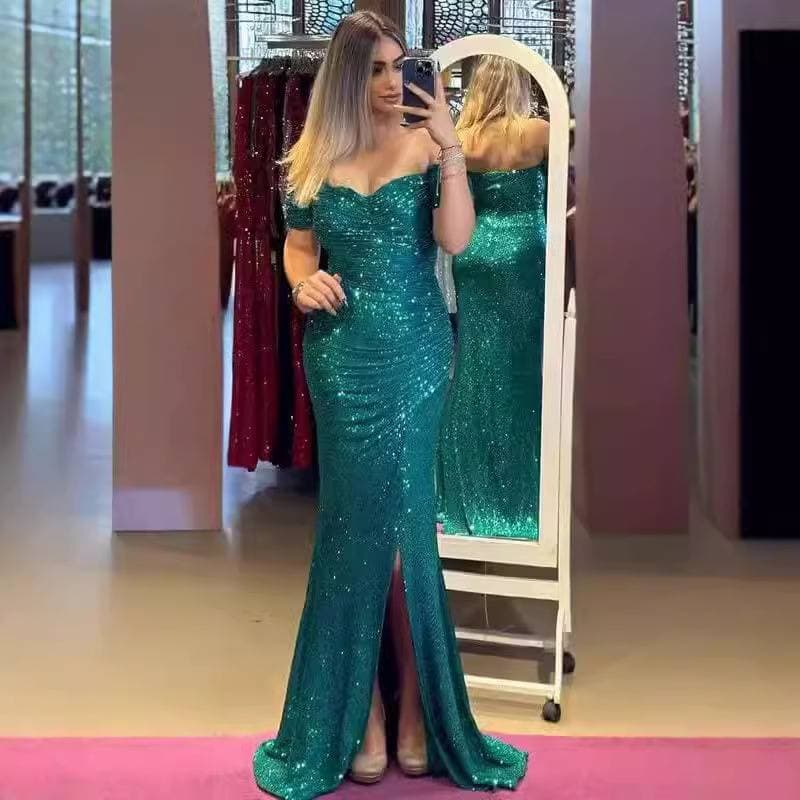 Women's Clothing Sexy Fine Flash Slit Ball Gown Sequin Dress
