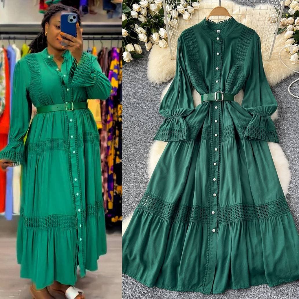 Women's Clothing Court Vintage Elegant Dress Women's Vertical Collar Trumpet Sleeve Tight Waist Single-Breasted Lace Stitching Large Dress