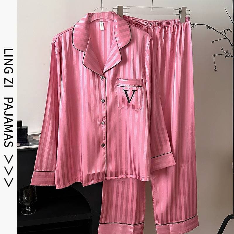 Pink Ice Silk Pajama Set – Women’s Long-Sleeve Luxury Loungewear With Floral Embroidery (M-XL)