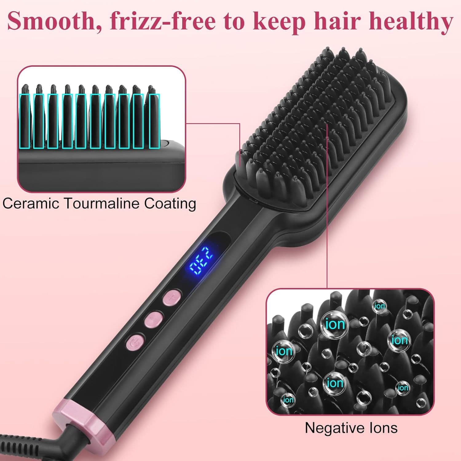 2-in-1 Ionic Straightening Brush, Quick Heat Up With Adjustable Temperatures, Hair-Friendly Design