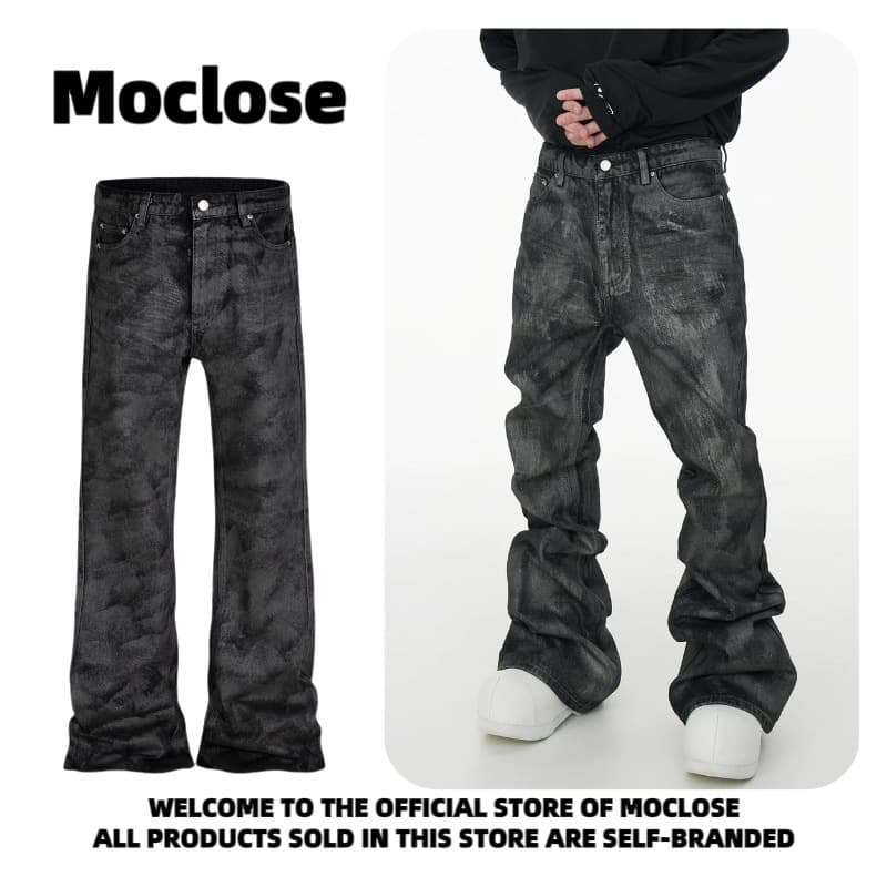 Men's High-Street Vintage Wax-Coated Jeans – Relaxed Wide-Leg Micro Flare With Distressed Hem For Urban Edge"