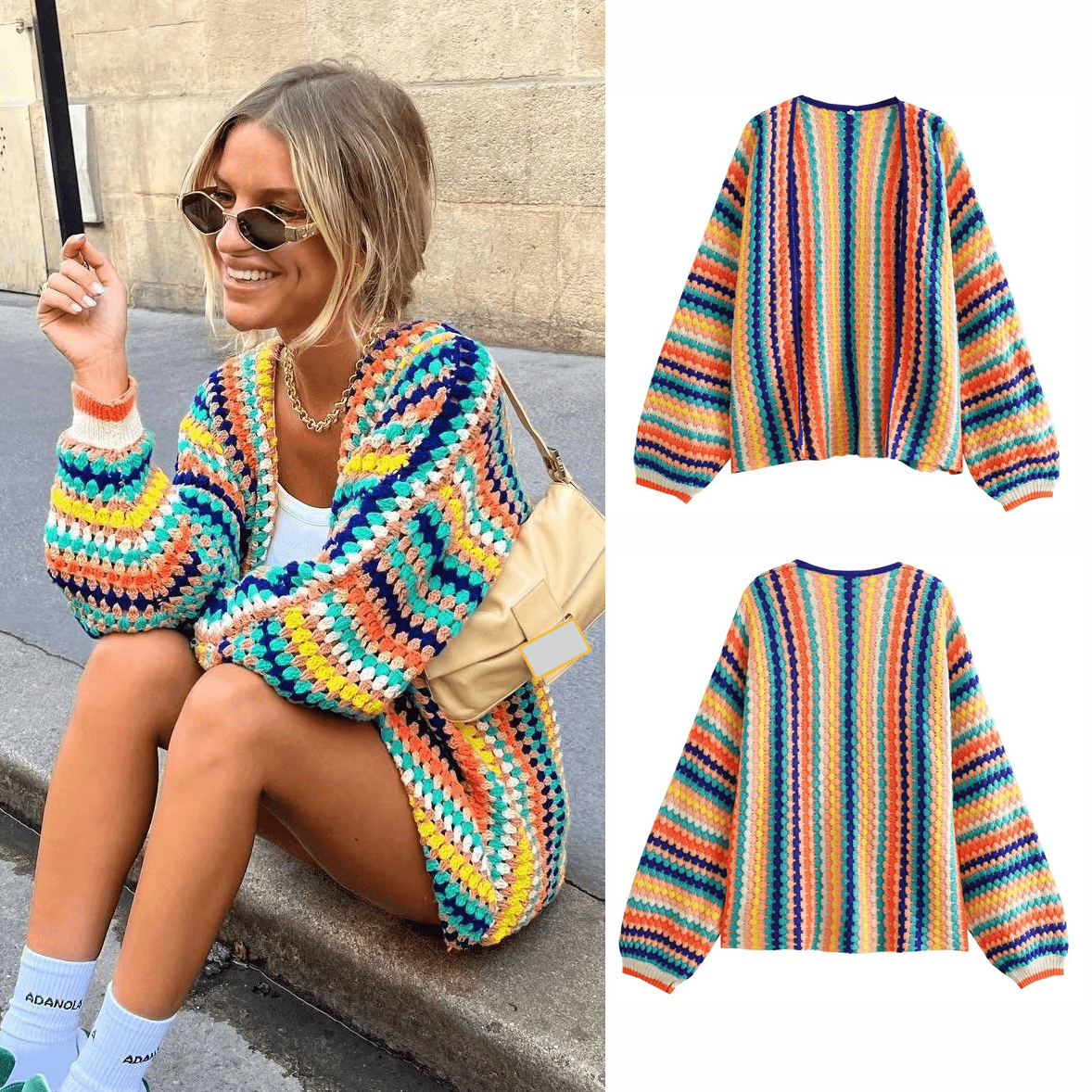 Women's Clothing 2024 autumn ethnic style contrast color hook flower sweater colorful striped knitted loose cardigan sweater 8LS2768