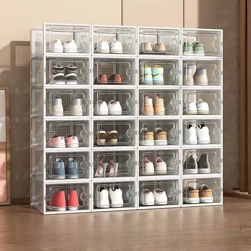 Family Organizer Clear Flip Top Storage Box Stackable Plastic Shoe Organizer With Foldable Design Space Saving Shoe Cabinet For Sneakers Boots