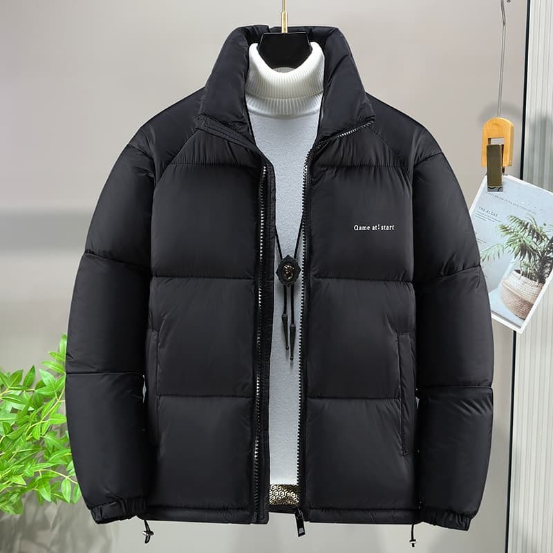 "Korean Streetwear Puffer Jacket – Winter-Ready Stand Collar Polyester Coat For Men (7 Sizes, Matte Black & Coffee Options)"