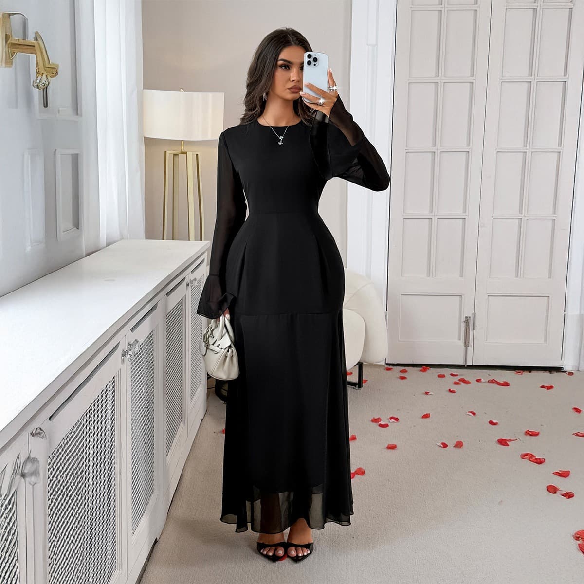 Elegant Trumpet Sleeve Bodycon Midi Dress – European-Inspired Knit Pencil Dress (Black)​