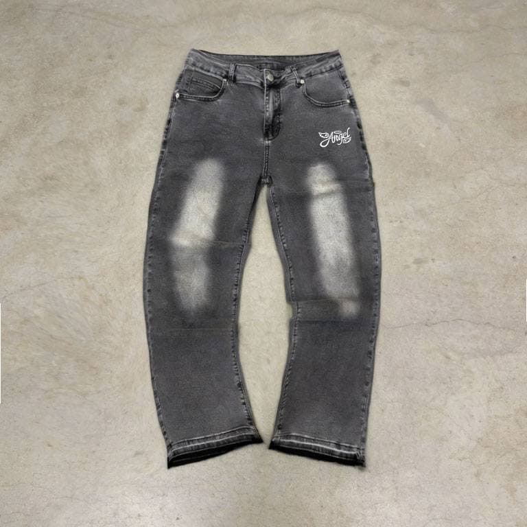 Men's Angel Letter Fringe Hem Jeans - Straight Cut Distressed Denim With Embroidered Wings & Removable Chains