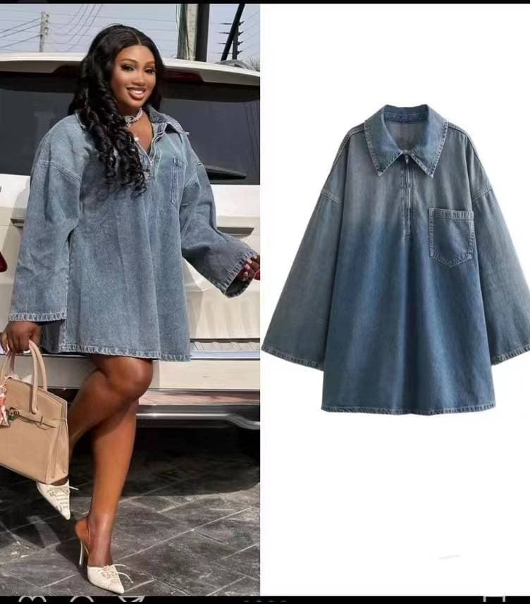 New Women's Simple and Fashionable Versatile Flip Collar Loose Denim Dress