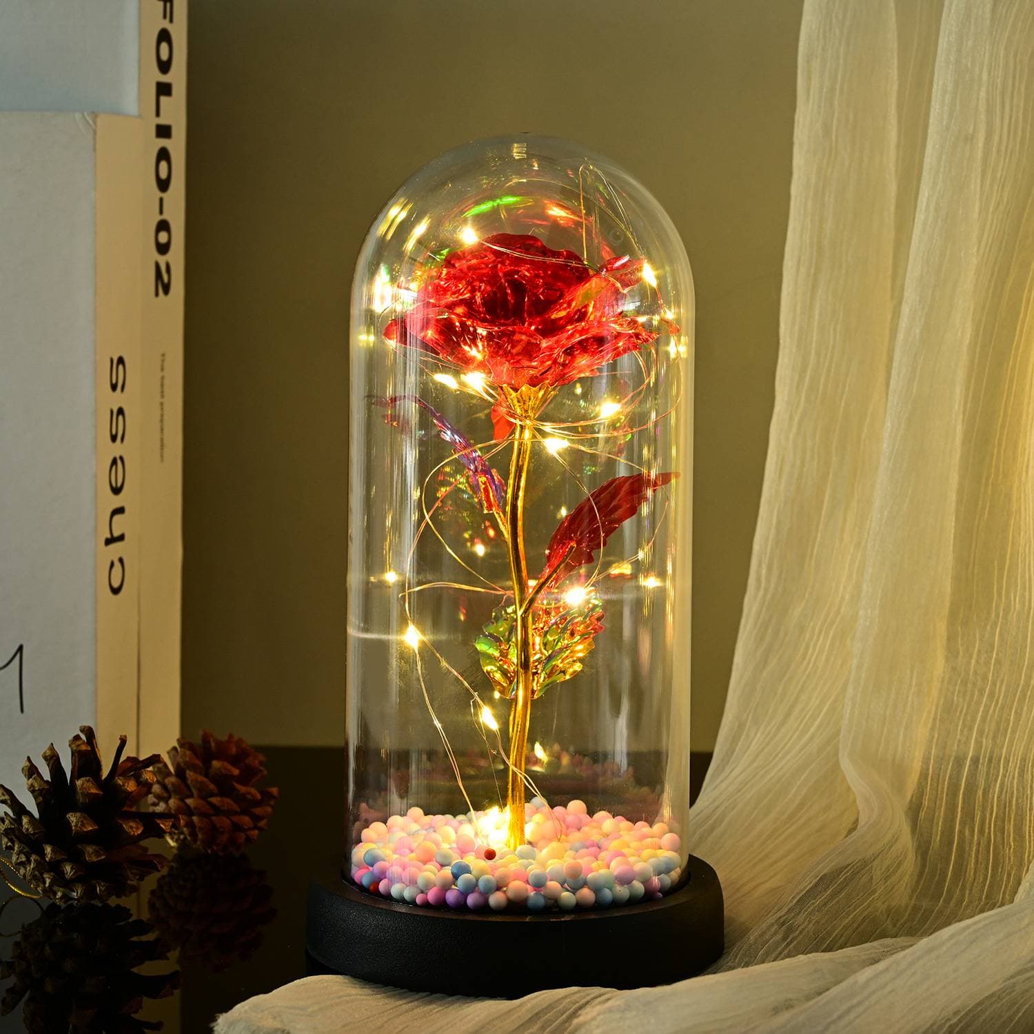 Valentine's Day gift glass cover with light gold foil bouquet for girlfriend birthday gift eternal flower glass cover