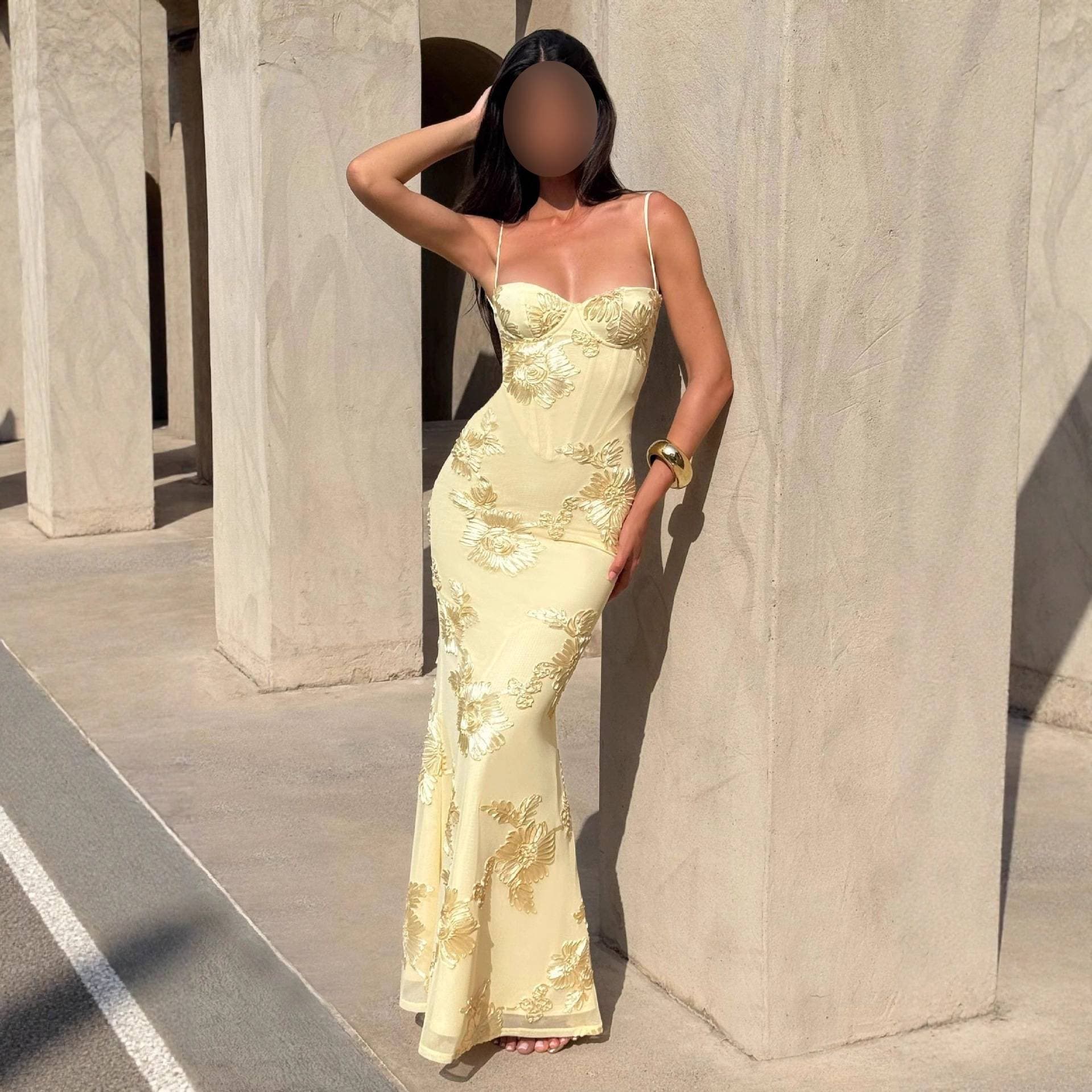 Women's Floral Embellished Evening Dress Elegant Backless Slimming Spaghetti Strap French Style Long Dress for Special Occasions