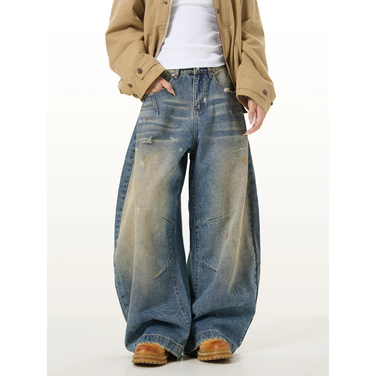 Men's Vintage Streetwear Denim Pants Distressed Washed Baggy Jeans Straight Leg Dropped Crotch Relaxed Fit Button Fly