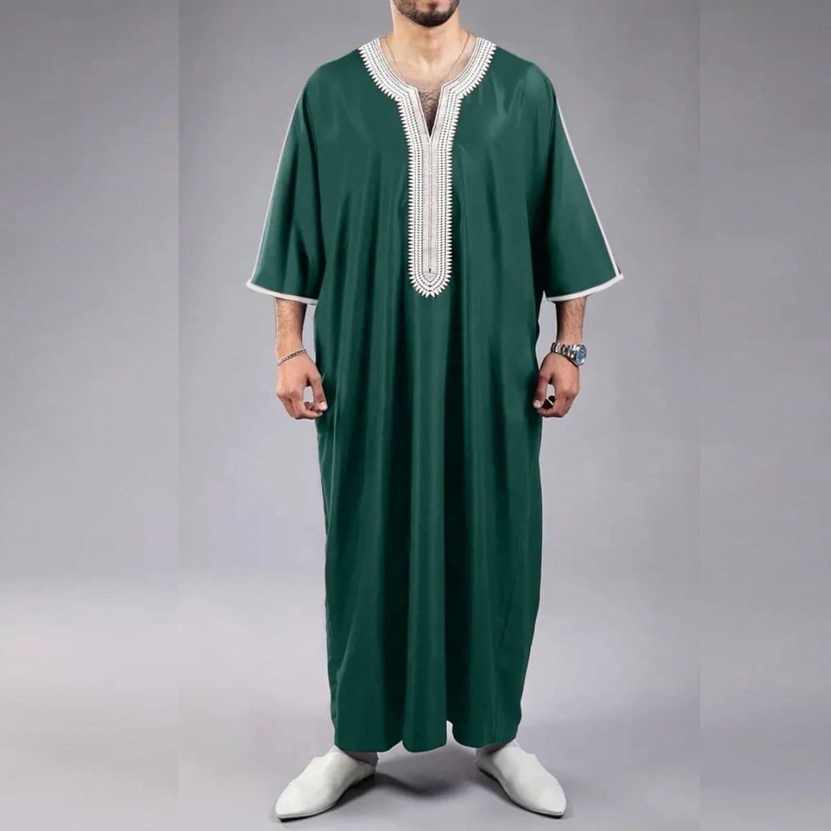 Elegant Embroidered Middle Eastern Thobe For Men – Breathable Polyester, Loose Fit, Traditional Design For Casual Wear (Green, White, Black, Navy)