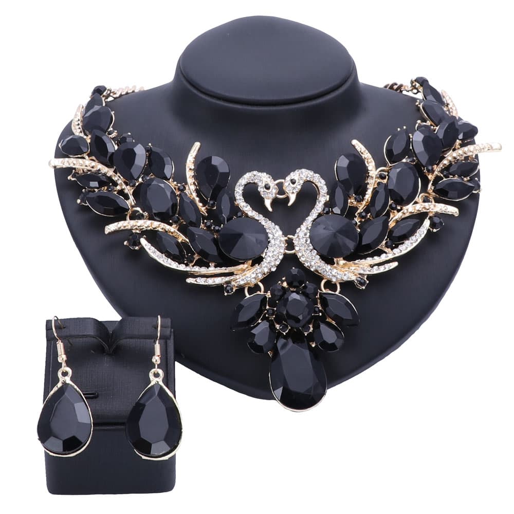 Fashion Crystal Double Swan Silver Color Pendant Women Party Wedding Prom Necklace Earring Accessories Sets