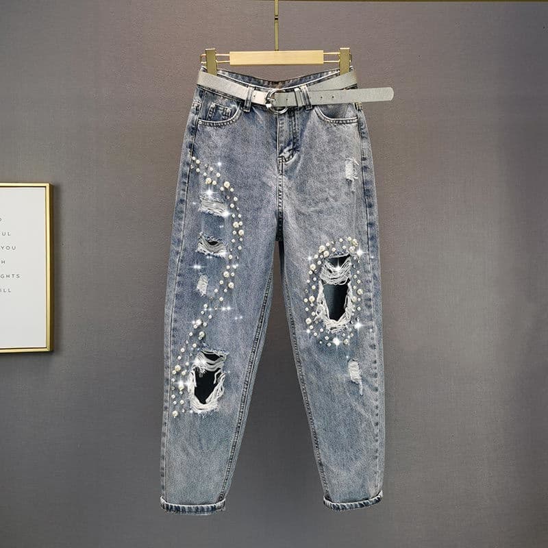 Women's Clothing Spring and Summer Loose Daddy Pants Nine-Point Jeans Women's Beaded Ripped Beggar Pants Student Slim Harem Pants