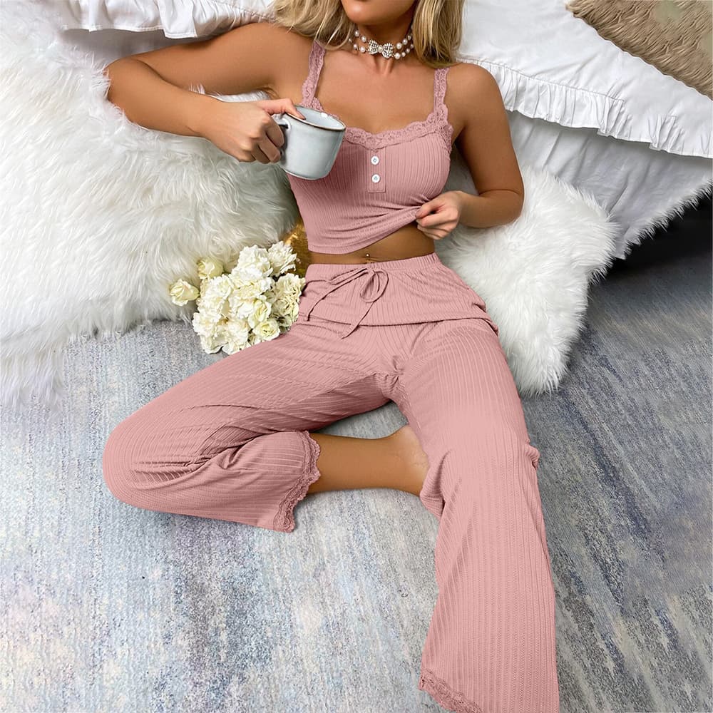 Women's multi color lace suspender trousers two piece suit ladies home clothes pajamas